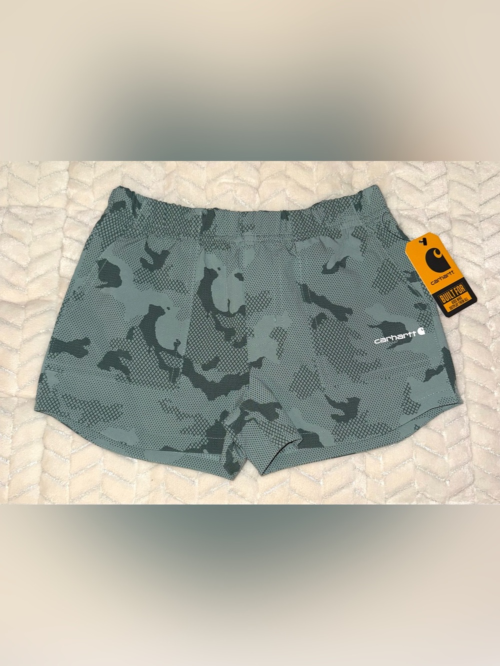 Carhartt Kids Rugged Flex™ Lightweight Camo Shorts in Patina green, size 6X, NWT